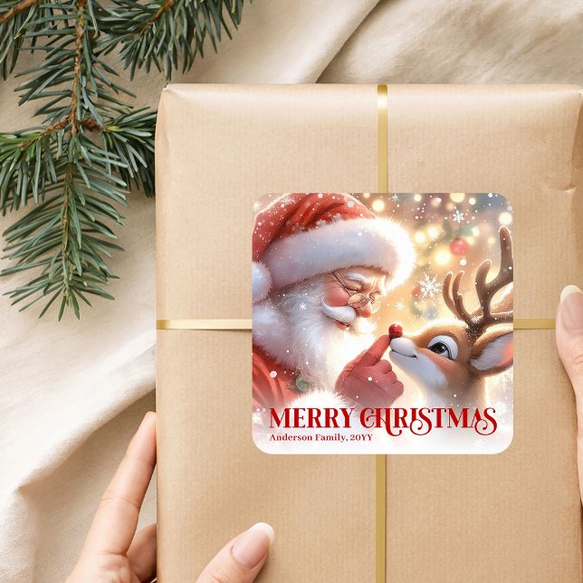 Sticker Carré Père Noël scintillant Rudolph Noël personnalisé   (Sparkling Santa Rudolph Personalized Christmas Sticker)