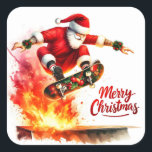 Sticker Carré Père Noël Skateboards With Christmas Spirit<br><div class="desc">Le Père Noël met en valeur ses talents de skate sur fond de flammes et de décorations festives. Cette scène ludique capture l'esprit de Noël tandis que Père Noël prend de l'air,  incarnant la joie des vacances et le plaisir pour tous les âges.</div>