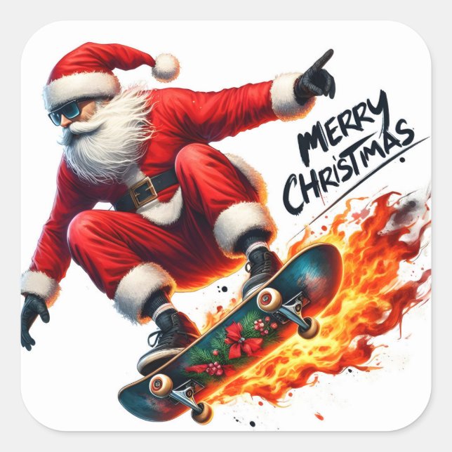 Sticker Carré Père Noël Skates joyeusement au coucher du soleil (Devant)