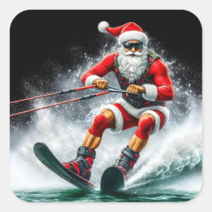 Sticker Carré Père Noël Ski au-dessus des vagues pendant la sais