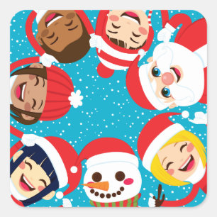 Sticker Carré Père Noël Snowman Et Enfants Tenant Les Mains