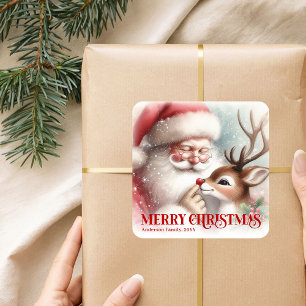 Sticker Carré Père Noël souriant Rudolph Personnalisé Vacances E