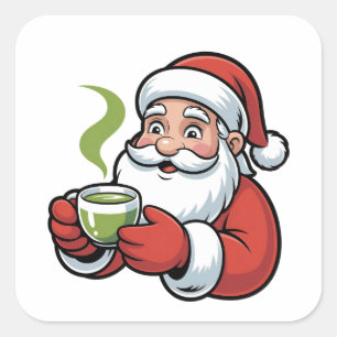 Sticker Carré Père Noël tenant une boisson Matcha Noël 