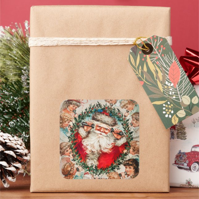 Sticker Carré Père Noël victorien au téléphone avec enfants (vacances)