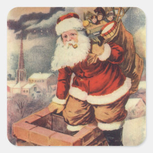 Sticker Carré Père Noël victorien de Noël vintage dans une chemi