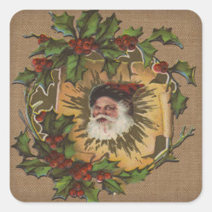 Sticker Carré Père Noël Vintage Antique Houx Noël