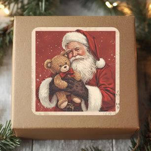 Sticker Carré Père Noël Vintage avec ours en peluche Noël