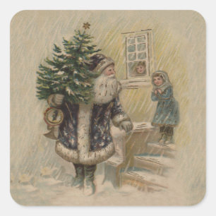 Sticker Carré Père Noël Vintage Neige Arbre de Noël