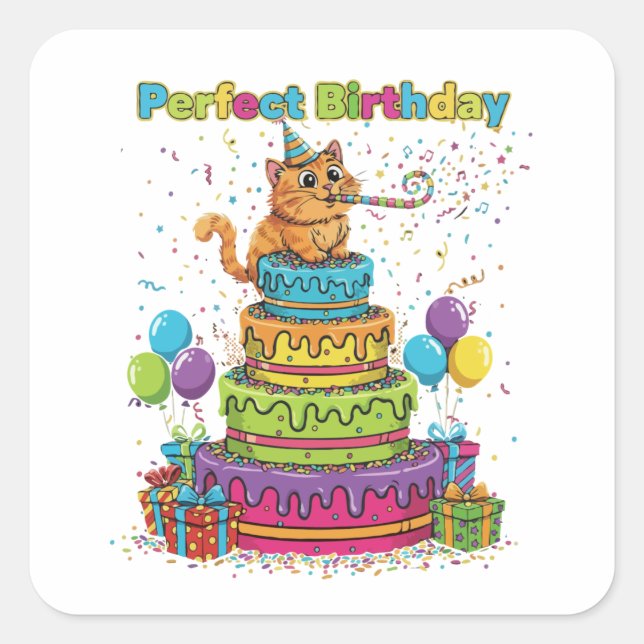 Sticker Carré Perfect Birthday Cute Cartoon Cat on Rainbow Cake  (Devant)