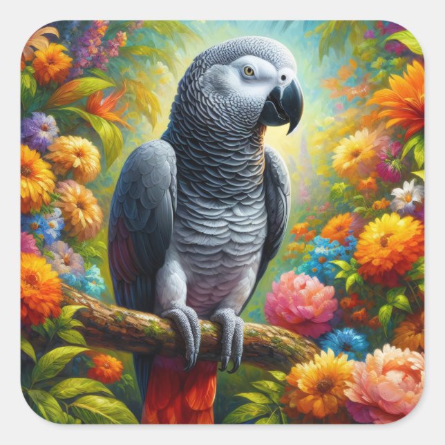 Sticker Carré Perroquet gris africain aux fleurs colorées (Devant)