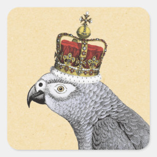 Sticker Carré Perroquet gris avec couronne royale