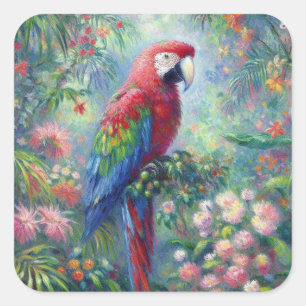 Sticker Carré Perroquet Oiseau Jungle Floral Impressionnisme pei