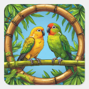 Sticker Carré Perroquets Colorés Bamboo Art Tropical