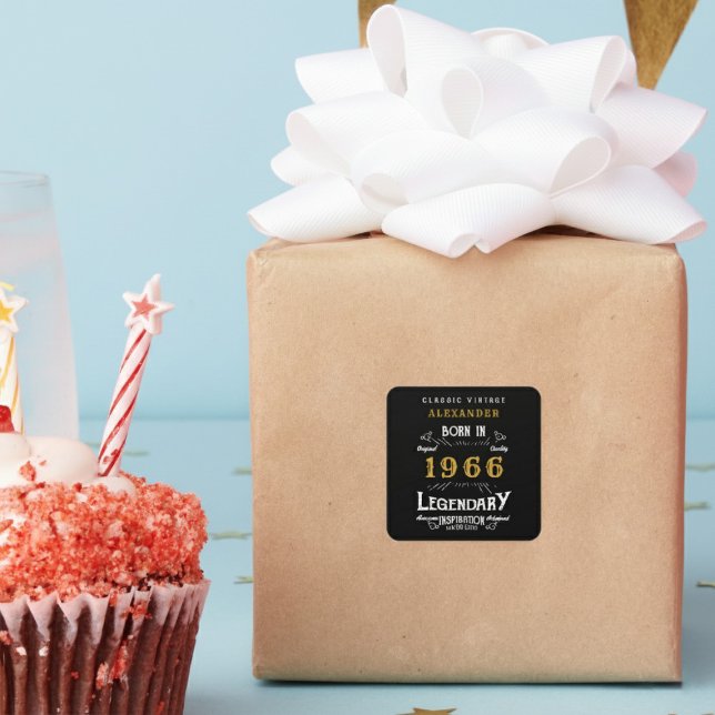 Sticker Carré Personalized 60th Birthday Add Name 1966 Legend (Born 1966 birthday sticker on a wrapped gift.)