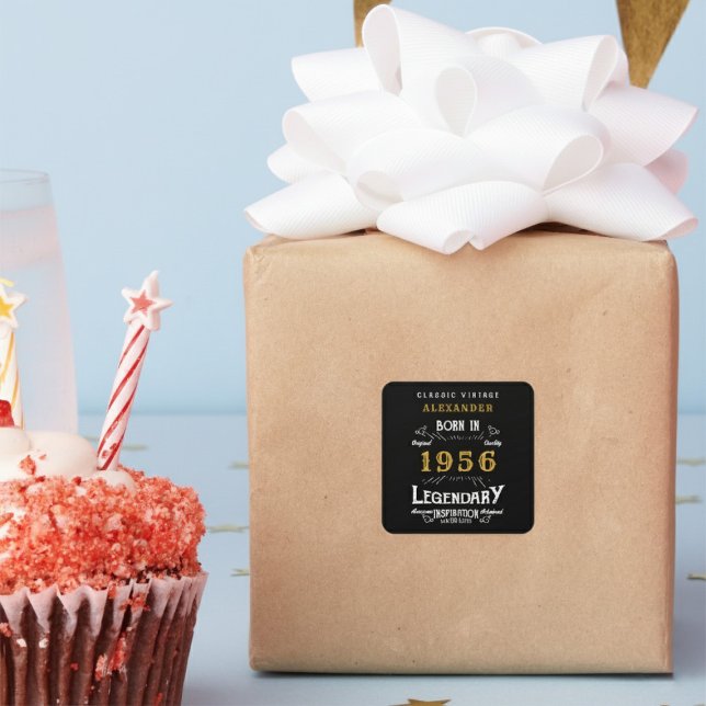 Sticker Carré Personalized 70th Birthday Add Name 1956 Legend (Born 1956 birthday sticker on a wrapped present.)