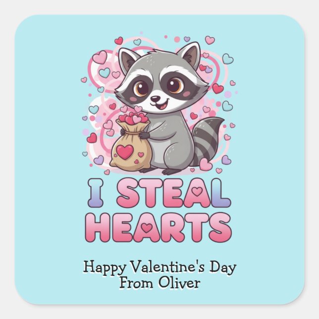 Sticker Carré Personalized Cute Raccoon Classroom Valentine (Devant)