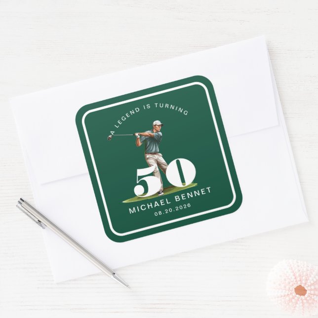 Sticker Carré Personalized Green Sports Golf 50th Birthday (Enveloppe)