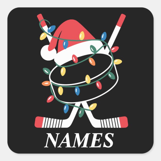 Sticker Carré Personalized Name Christmas Hockey Xmas Santa Hat (Devant)
