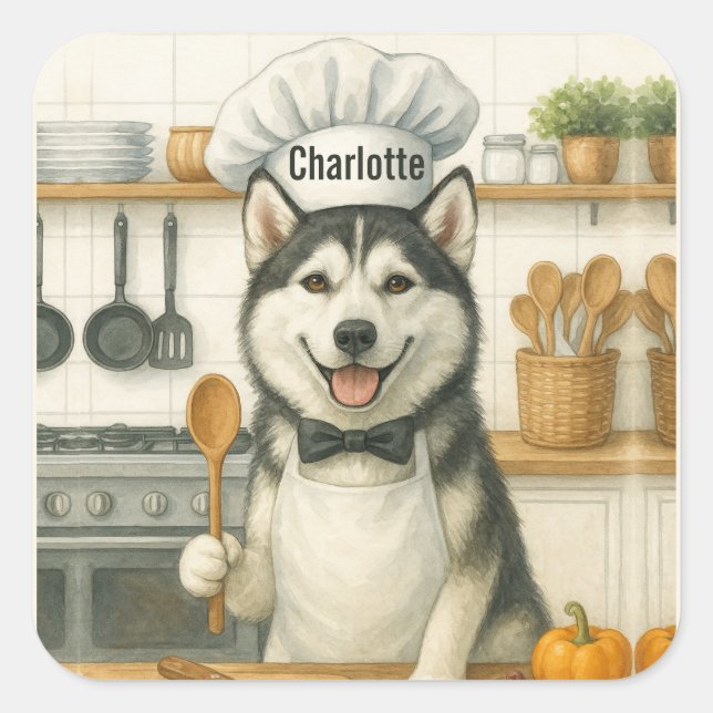 Sticker Carré Personalized Name Funny Siberian Husky Dog Chef (Devant)