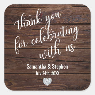 Sticker Carré Personalized Rustic Wood Heart Thank You Wedding