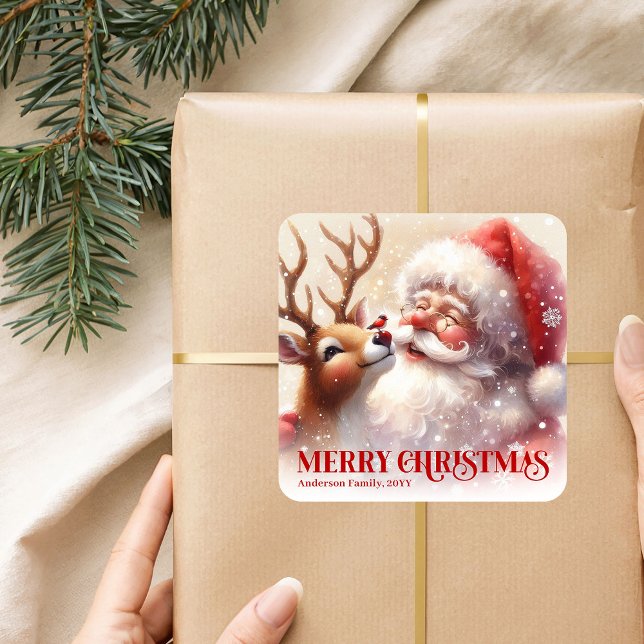 Sticker Carré Personalized Santa and Rudolph Cute Christmas Kids (Personalized Santa and Rudolph Cute Christmas Sticker)