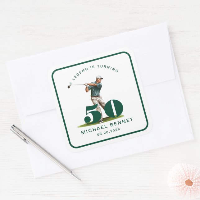 Sticker Carré Personalized Sports Golf 50th Birthday (Enveloppe)