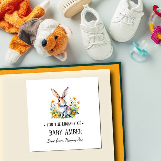 Sticker Carré Personalized Watercolor Bunny Baby Bookplate Stick