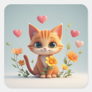 Sticker Carré Personnage de chat mignon avec joie de fleurs et d