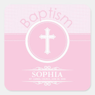 Sticker Carré Personnalisable, fille rose enfant de Dieu Baptême