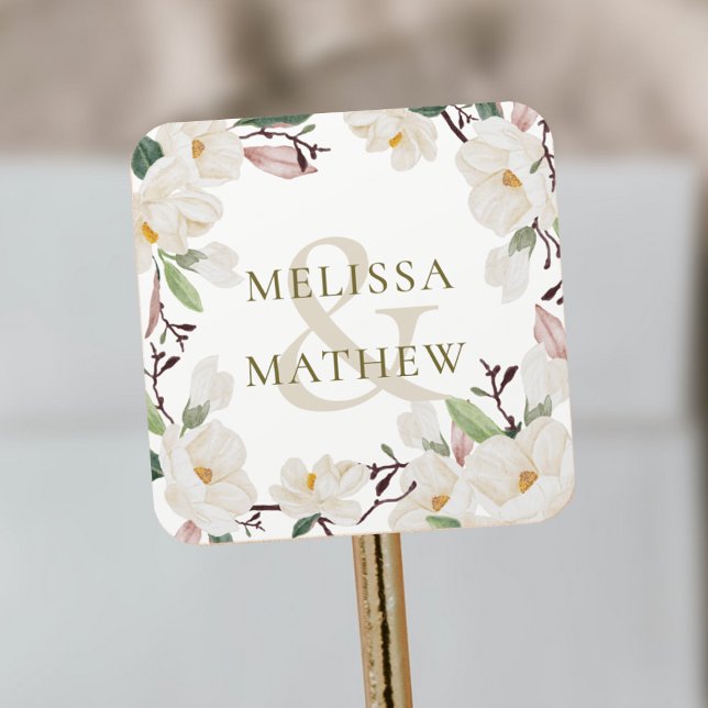 Sticker Carré personnalisation Noms Elegant Oriental Magnolia (custom Names Elegant Oriental Magnolia Square Sticker)