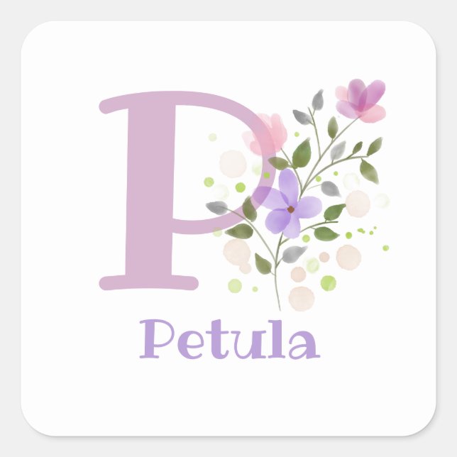 Sticker Carré Personnalisé avec le nom Petula et la première ini (Devant)