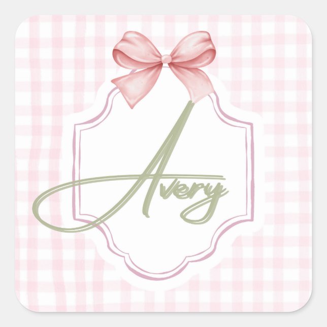 Sticker Carré Personnalisé Avery Baby Girl Nursery Bow&En vichy (Devant)