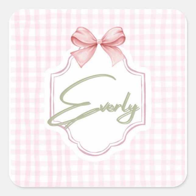 Sticker Carré Personnalisé Everly Baby Girl Nursery Bow&En vichy (Devant)
