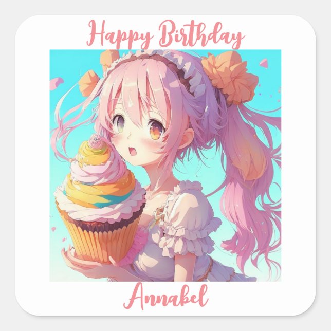 Sticker Carré Personnalisé Joyeux Anniversaire Anime Girl Cupcak (Devant)