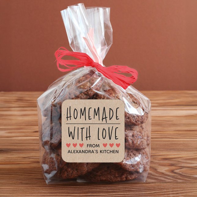 Sticker Carré Personnalisé Kraft Faits à la main avec amour (A cute Homemade with love sticker. Wonderful for Valentine's Day, or for any occasion.)