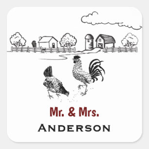 Sticker Carré Personnalisé M. et Mme Chicken Mariage agricole