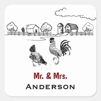 Sticker Carré Personnalisé M. et Mme Chicken Mariage agricole