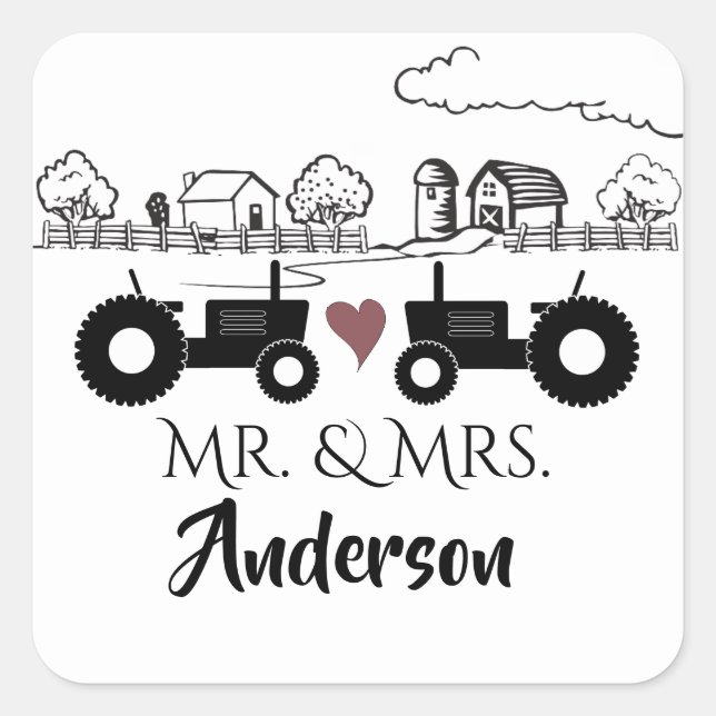 Sticker Carré Personnalisé M. et Mme Tractor Couple Farm LOVE (Devant)