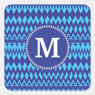 Sticker Carré Personnalisé Monogramme Bold Bleu Tribal Chevron M