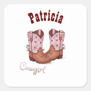 Sticker Carré Personnalisé Nom tendance Cute CowGirl Bottes rose