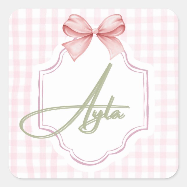 Sticker Carré Personnalisée Ayla Baby Girl Nursery Bow&En vichy (Devant)