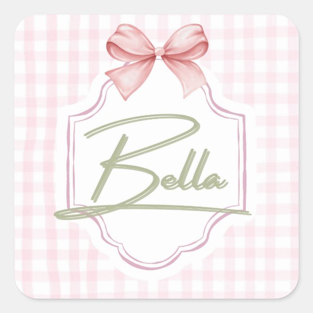 Sticker Carré Personnalisée Bella Baby Girl Nursery Bow&En vichy (Devant)