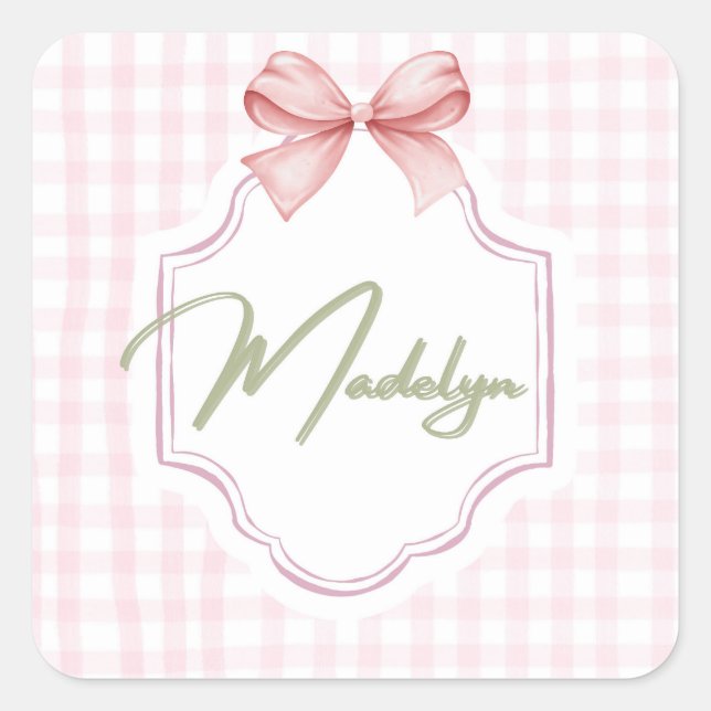 Sticker Carré Personnalisée Madeline Baby Girl Nursery BowGingha (Devant)