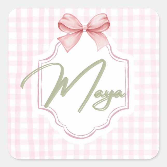 Sticker Carré Personnalisée Maya Baby Girl Nursery Bow&En vichy (Devant)