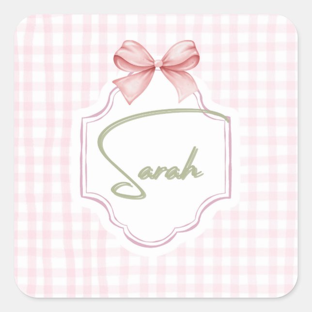 Sticker Carré Personnalisée Sarah Baby Girl Nursery Bow&En vichy (Devant)