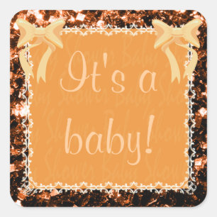 Sticker Carré Personnaliser Baby shower Unisexe orange étincelle