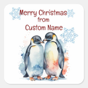 Sticker Carré Personnaliser de Noël mignonne Penguin Couple anim