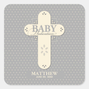 Sticker Carré Personnaliser, Dédication bébé Crème et Croix gris