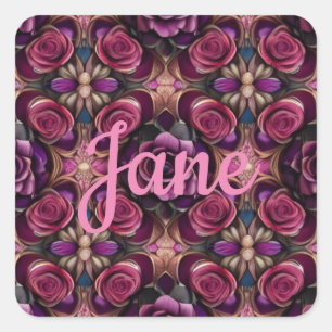 Sticker Carré Personnaliser Nom AI Art Purple Roses Rouge & Rose
