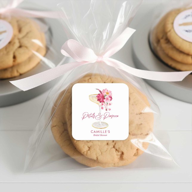 Sticker Carré Pétales et prosecco, cadeau de fête de mariage flo (Champagne Pink Floral Bridal Shower Favor Stickers)